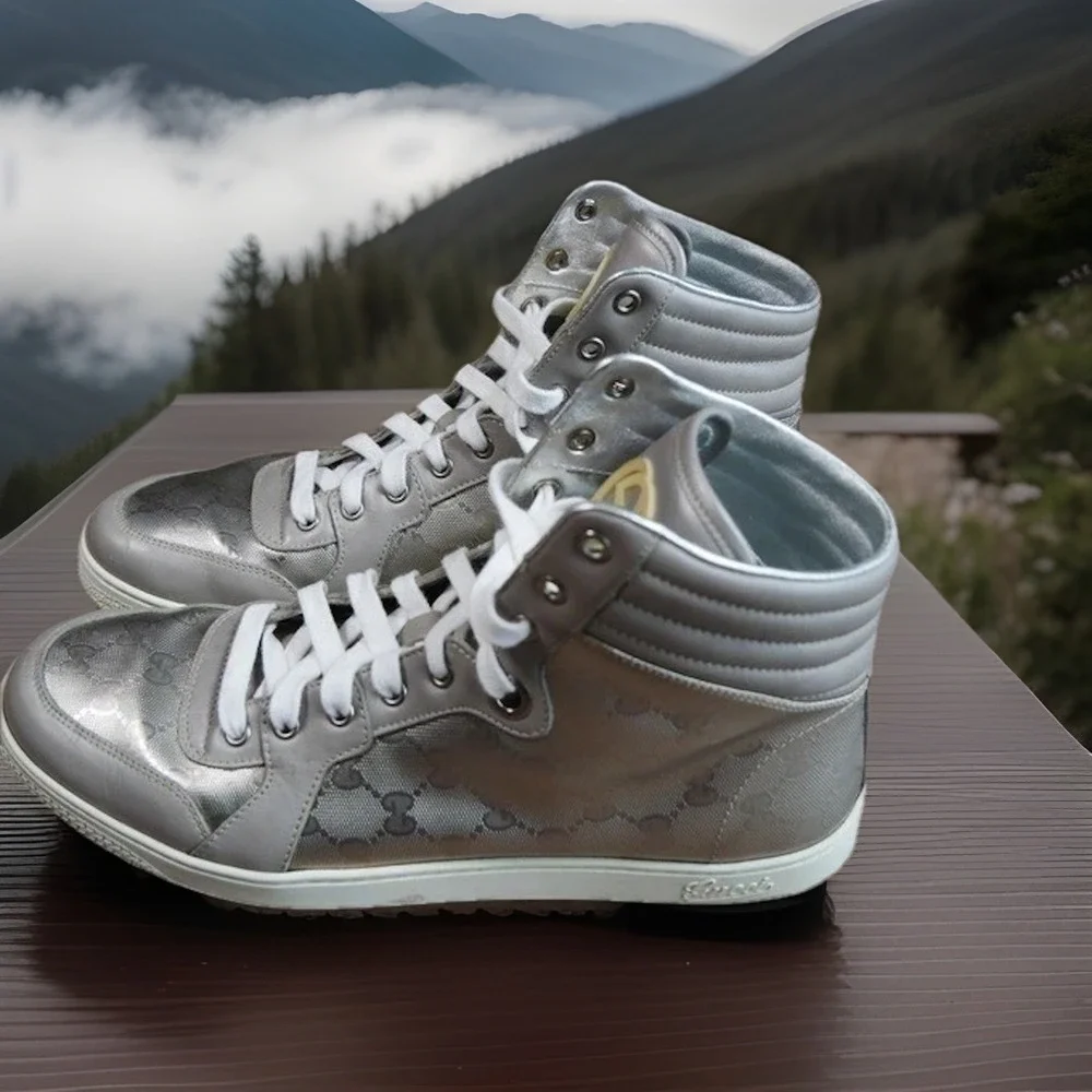 Gucci Men Silver GG Monogram Coda Imprime High Top Sneakers Grey Leather Size 11